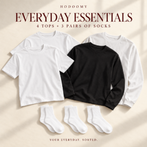 HODOOMY Everyday Essentials Pack: two white short sleeve Regular Fit T-shirts, black and white Relaxed Fit long sleeves, and three pairs of white half socks.
