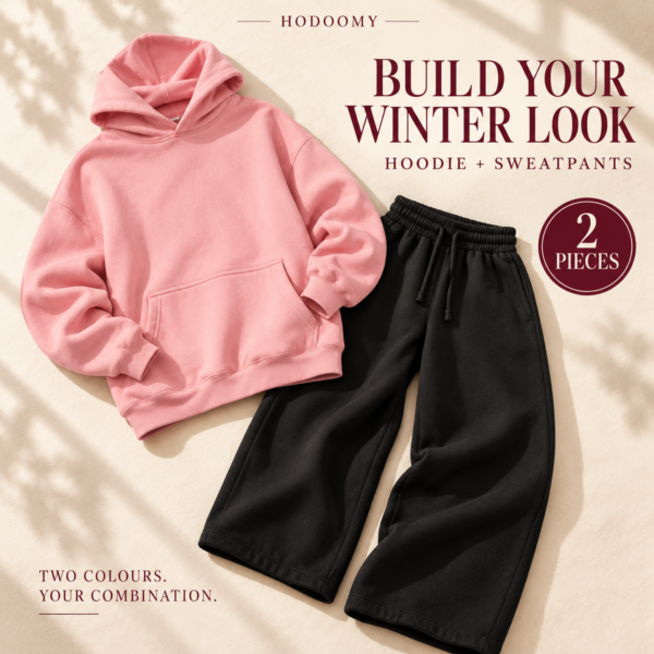 HODOOMY Build Your Winter Look bundle: rose hoodie and black wide-leg sweatpants in two different colours.